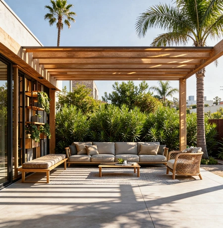 Modern wooden pergola patio design in Los Angeles backyard by Patio Chic LA