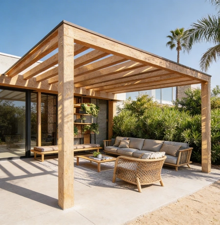 Custom wood patio cover with outdoor seating area in Los Angeles by Patio Chic LA