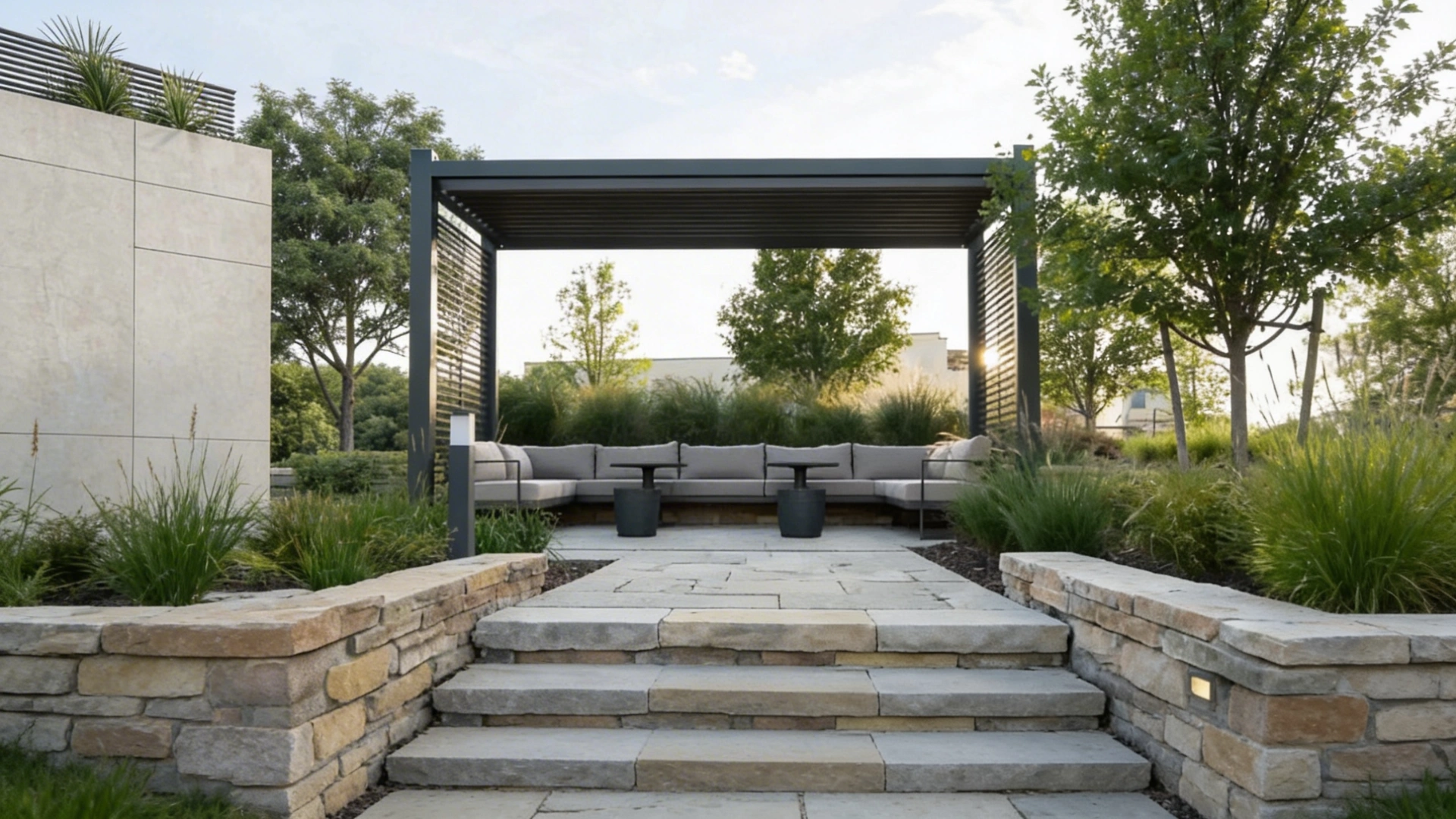 Modern covered patio with stone steps and landscaped seating in Los Angeles by Patio Chic LA