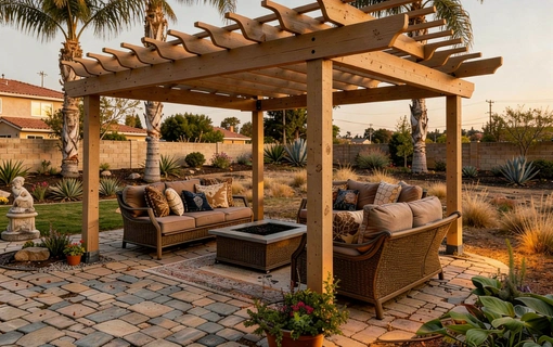 Pergola patio with fire pit and paver flooring in Los Angeles by Patio Chic LA