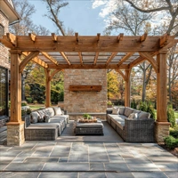 Luxury outdoor living patio with wood pergola in Los Angeles designed by Patio Chic LA