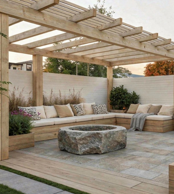 Backyard pergola with built-in seating and fire feature in Los Angeles by Patio Chic LA