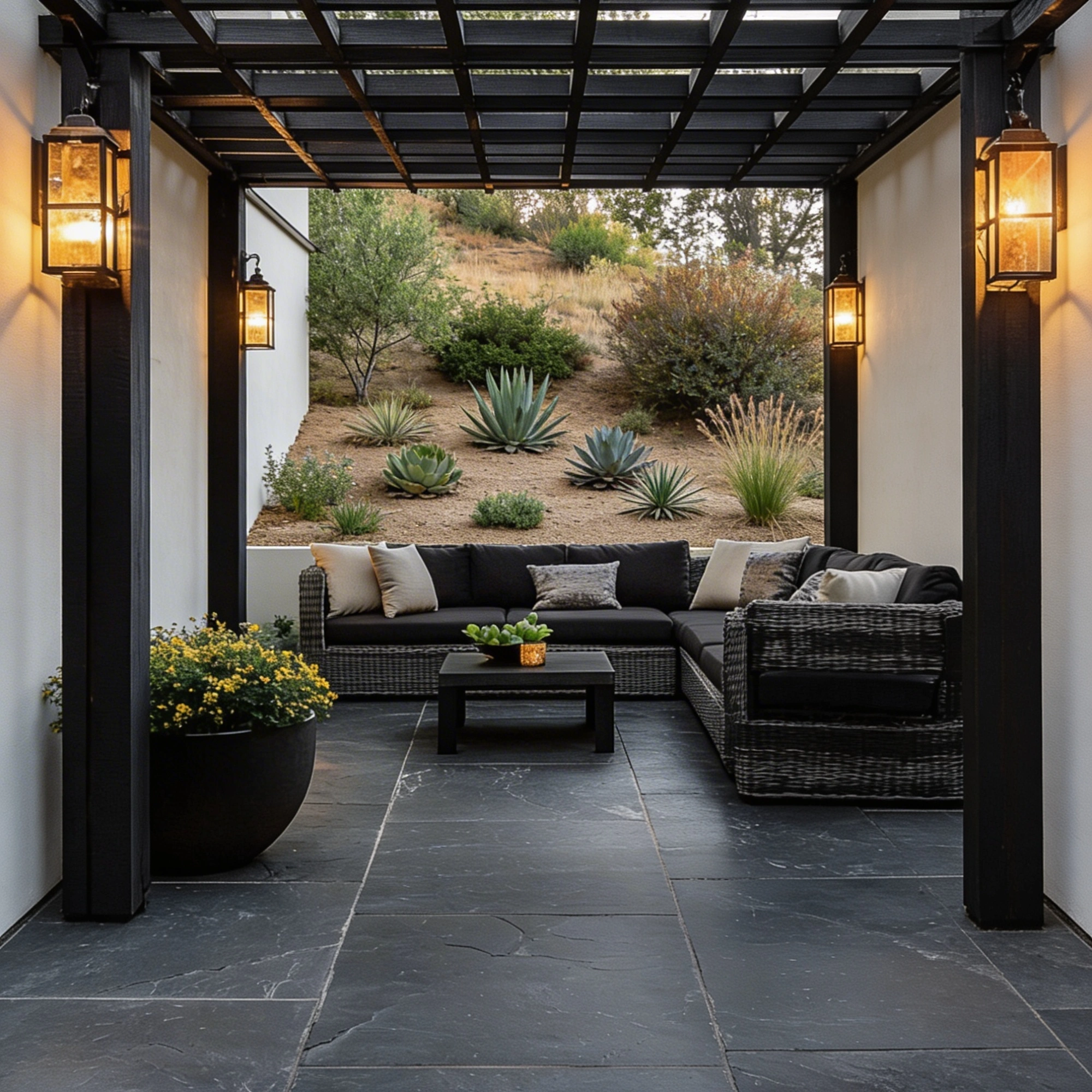 Black aluminum pergola patio design with outdoor furniture in Los Angeles by Patio Chic LA