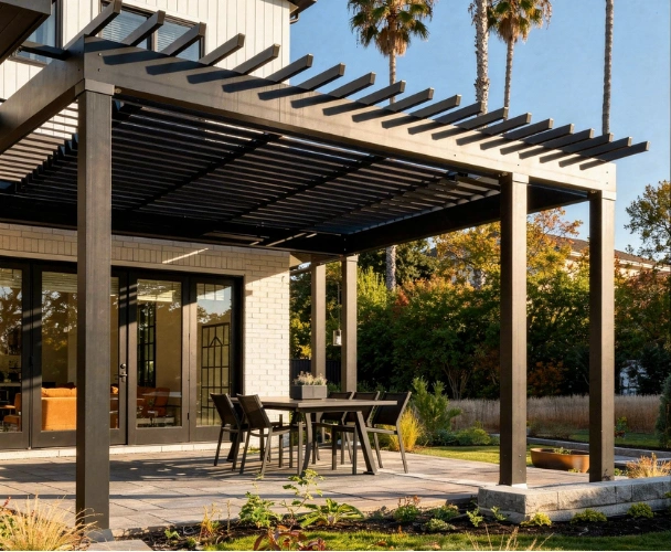 Contemporary black aluminum pergola patio installation in Los Angeles backyard by Patio Chic LA