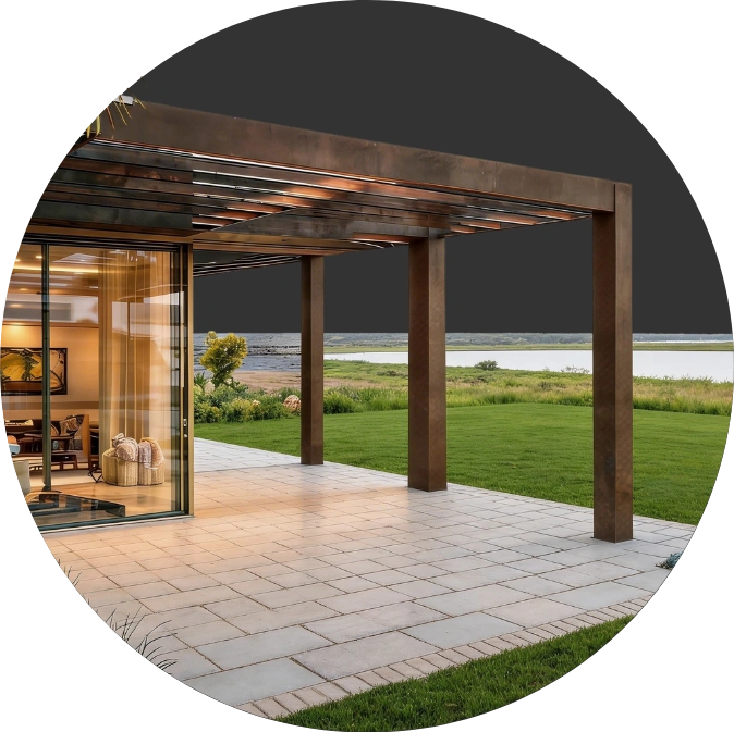 Modern steel pergola patio cover with open roof design in Los Angeles by Patio Chic LA