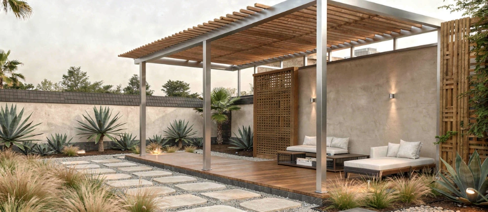 Custom aluminum pergola patio installation in Los Angeles backyard by Patio Chic LA